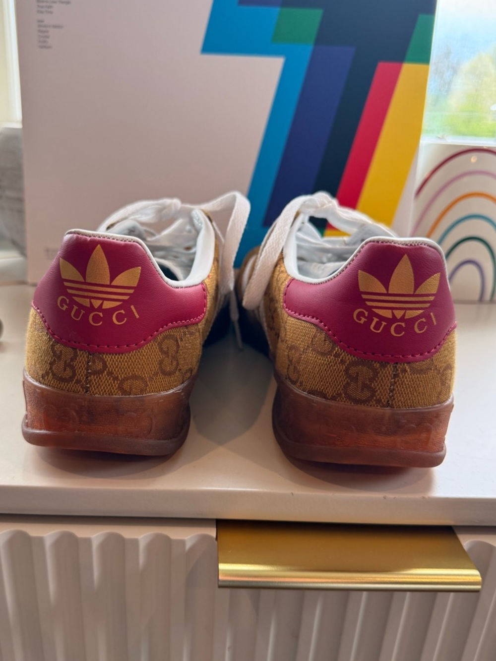 Gucci Men’s Brown Monogram Sneakers with Pink Heel Tab